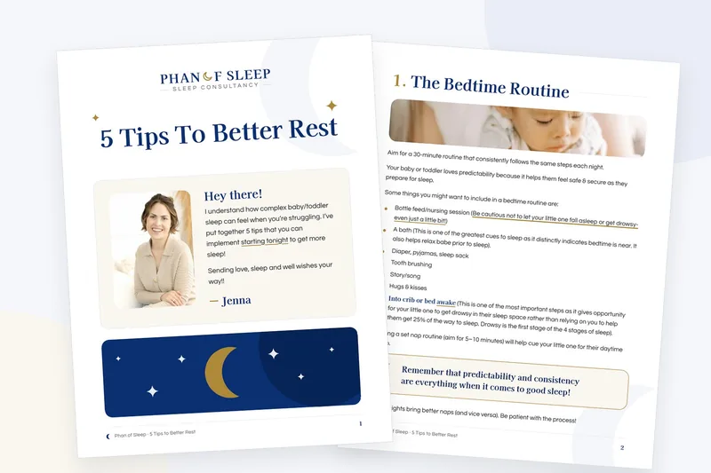 Pages from the free 5 Tips to Better Rest baby and toddler sleep guide by Calgary sleep consultant Jenna Phan